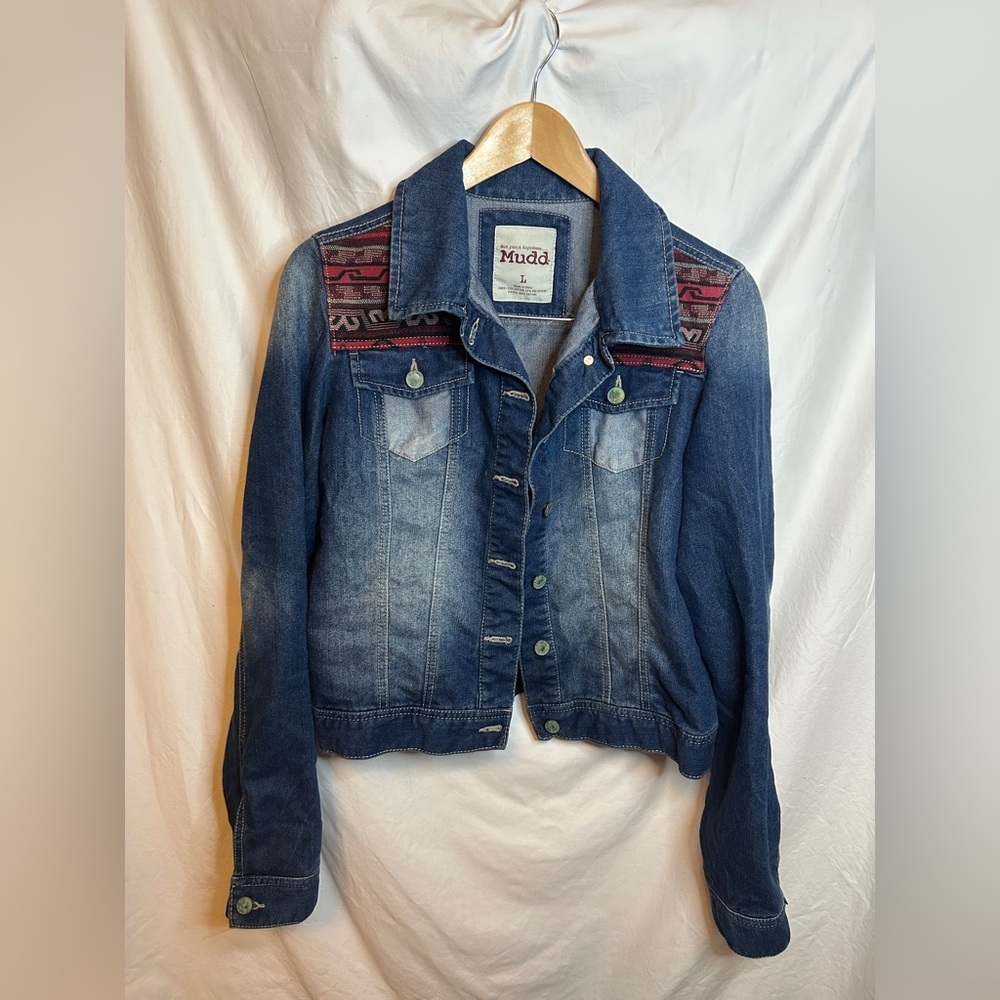 MUDD Aztec Jean Jacket Womens Sz L Dark Blue Denim Stretch Southwest Western L/S
